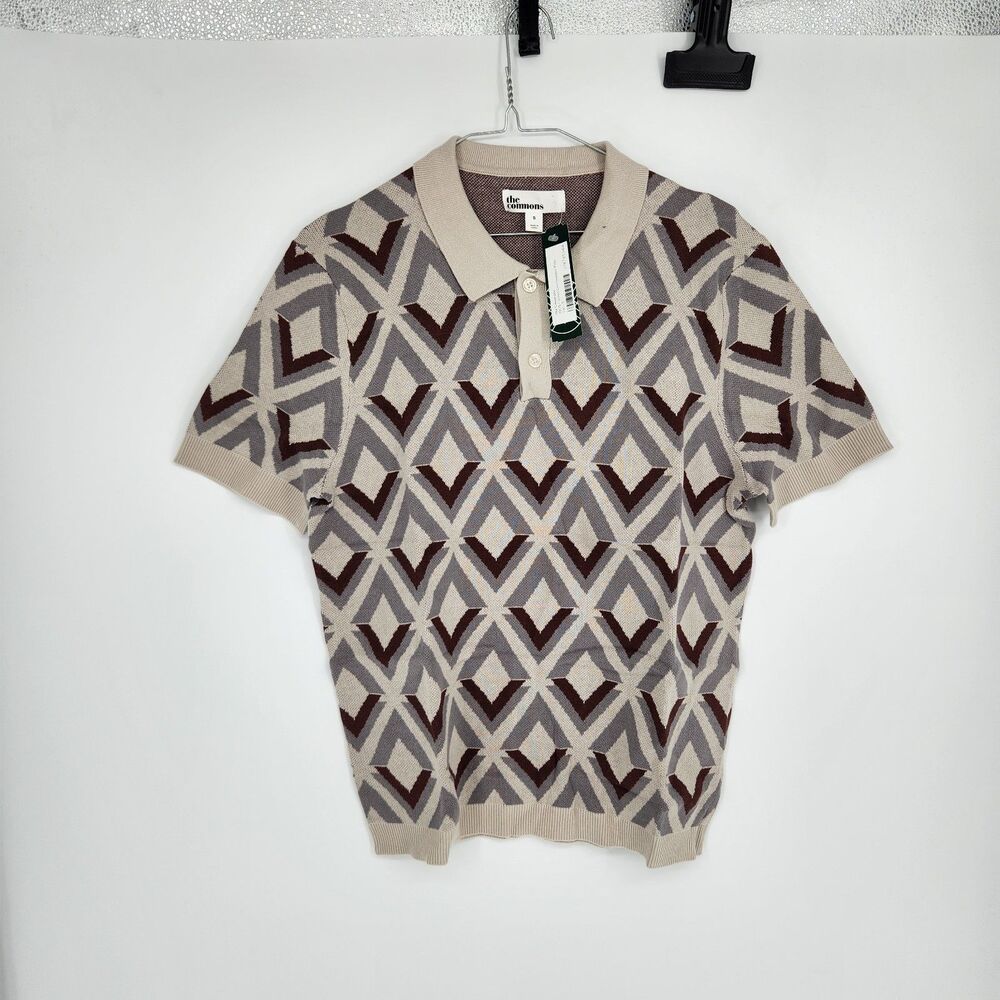 The Commons Men's Tan Small 100% Cotton Geo Sweater Polo NWT